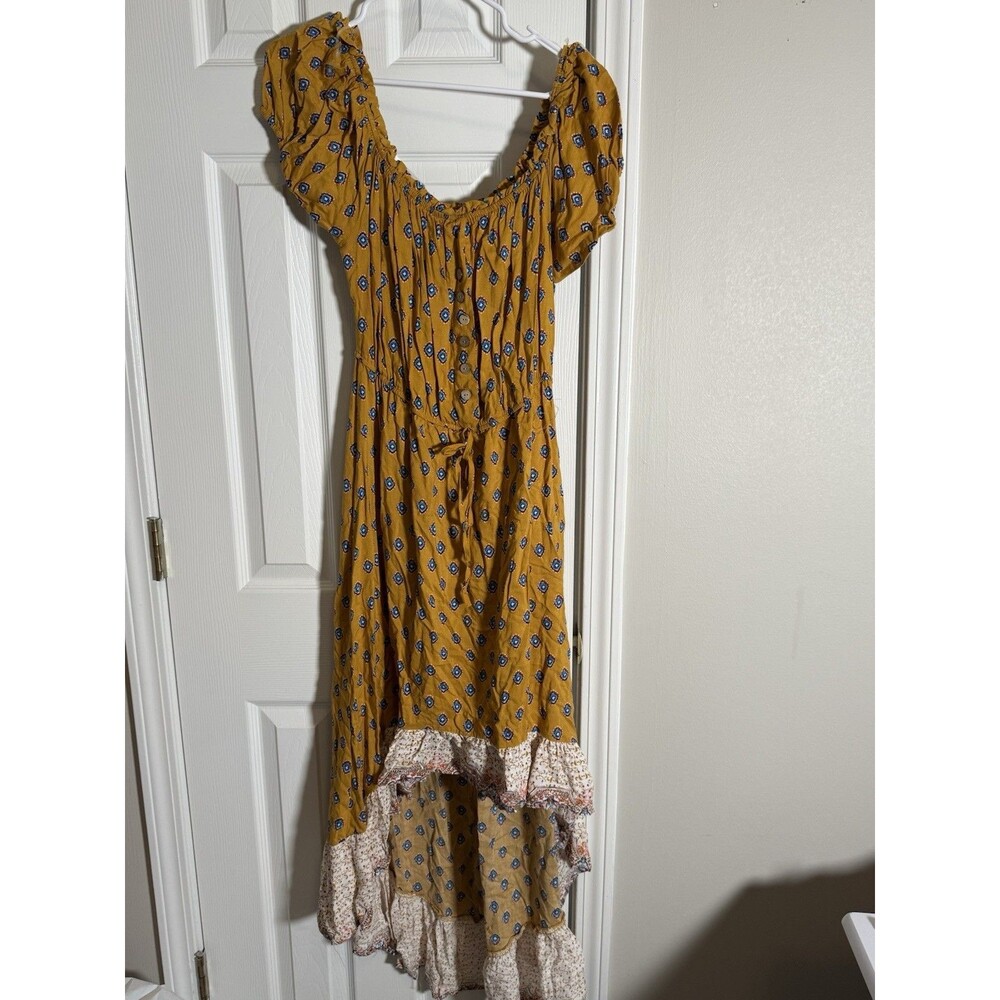 New Look Floral Puff Sleeve Midi Dress Blue Yellow White V-Neck Tie Waist XL - Picture 6 of 12